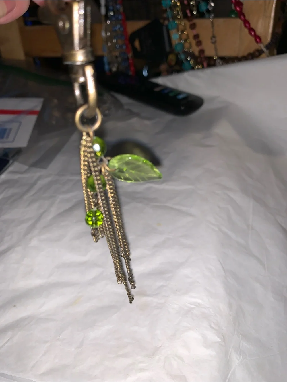 Antique Green Leaf Tassel Purse Charm with Beads